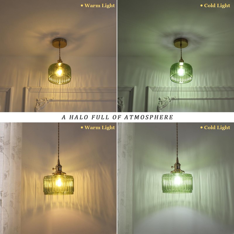 Shenmoyl Pendant Light with Green Striped Glass Lmapshade, Brass Vintage
