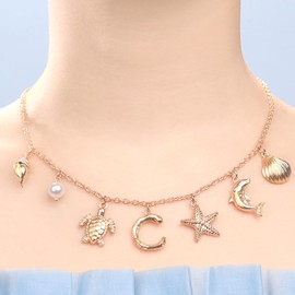 Initial C Charm Necklace For Women, Boho Gold Summer Beach Surfer Letter Necklace Starfish Seashell Pearl Turtles Dolphin Charms Pendant, Trendy Pendant Alphabet Choker Necklace Jewelry Gifts
