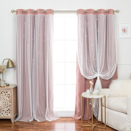 Best Home Fashion Set of 2 Tulle Overlay Blackout Laser Cut Starry Sky Curtain Pair, Silver Grommet Window Panels for Bedroom, Kids Room, Nursery, Thermal Insulated- 52" W x 84" L, Mauve