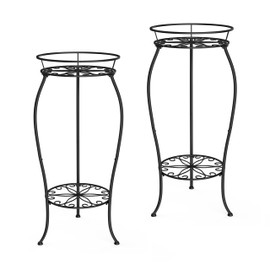 FaithLand FaithLand 2 Pack Metal Plant Stands, Tall Planter Holder Indoor Outdoor, 2 Tier Round Potted Supports Rack, Corner Display Shelf Black