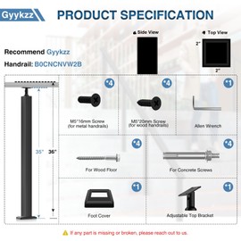 Gyykzz Outdoor Handrail Post 36"x2"x2", Heavy Duty Stainless Steel 304 Undrilled Cable Railing Posts Pole with Adjustable Top for Outdoor Stairs Commercial ADA Handrails for Outdoor Steps