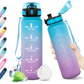 KollyKolla Sport Trinkflasche 1L Kohlensäure Geeignet, mit Zeitmarkierungen und Filter, BPA-Frei, Wasserflasche Auslaufsicher, Sportflasche für Kinder, Erwachsener, Sport, Camping, Gym, Büro, Uni