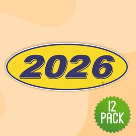 Versa Tags 2026 Oval Model Year Car Dealer Window Stickers Proudly Made in The USA Versa Oval Model Windshield Year Stickers are Blue and Yellow in Color Come Twelve (12) to A Pack