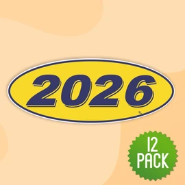Versa Tags 2026 Oval Model Year Car Dealer Window Stickers Proudly Made in The USA Versa Oval Model Windshield Year Stickers are Blue and Yellow in Color Come Twelve (12) to A Pack