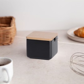 KOOK TIME Ceramic Sugar Bowl with Bamboo Spoon and Lid - Sugar Spoon for Home and Kitchen, Modern Ball Shape for Sugar, Cheese, Spices, 11 x 10 x 9 cm, Black