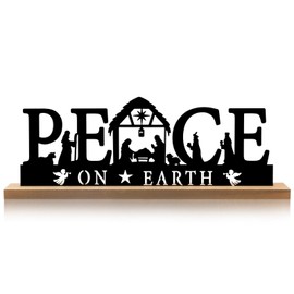 Pinkunn Nativity Sets for Christmas Indoor Decor Black Metal Nativity Scene with Wooden Base People Nativity Set Decorations for Christmas Xmas Home Table Shelf (Peace on Earth)