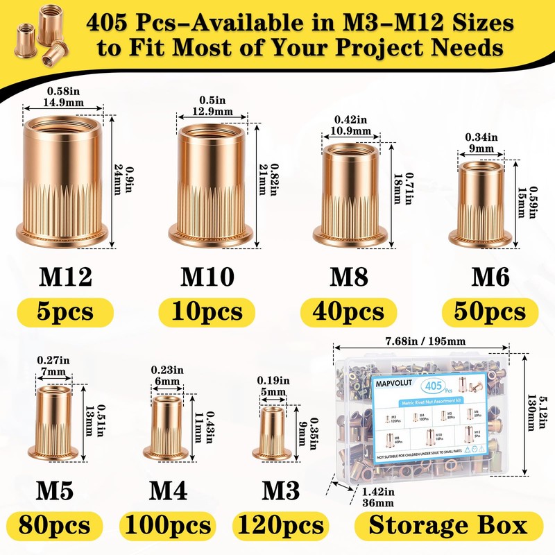 MAPVOLUT 405-Piece Metric Rivet Nut Assortment Kit | M3-M12 UNC
