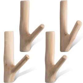 Jetec 4 Pieces Tree Branch Wood Wall Hook Set Rustic Towel Hook Decorative Wood Adhesive Coat Rack Wall Mount Woodland Nursery Decor Strong Suction Hanger for Coat Key Holder Hanging (White)