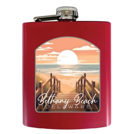 R and R Imports Bethany Beach Delaware Beach Walk Design Souvenir 7 oz Steel Flask Matte Finish Red 2-Pack