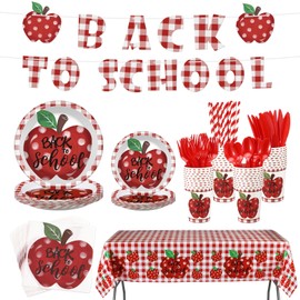 Zhehao 195 Pcs Back to School Party Decorations Tableware Set Apple Back to School Party Plates Napkins Banner Fork Spoon Straw and Apple Tablecloth for Welcome First Day of Supplies Serves 24 Guests