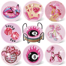 YarnWhimsy 8PCS Pink Disco Diamond Art Coasters Set with Holder & Cork Pads