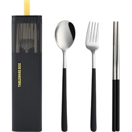 DEVICO Travel Utensils with Case, Stainless Steel Reusable Camping Silverware Set for Lunch Box, Portable Cutlery Kit Includes Fork, Spoon, Chopsticks (Black)