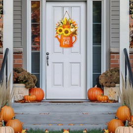 JUESMOS Hello Fall Door Sign for Home Decoration Autumn Thanksgiving Harvest Flower Pumpkin Signs for Front Door Decor Fall Welcome Sign Wreaths for Wall Porch Farmhouse Outdoor Indoor Decorations