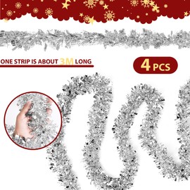 Tinsel Christmas Tree Silver 4 x 3 m Garland Christmas - Christmas Garlands Shiny Tinsel Garland Diameter 9 cm, Fir Garland Christmas Tree Decoration Silver Christmas Tree Decoration Garland