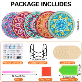 Pack of 10 Diamond Painting Coasters with Holder, Diamond Cup Coasters, Diamond Painting Adults for Crafts, DIY Mandala Coasters, Non-Slip for Beginners, Adults and Children