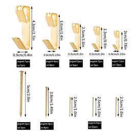Pack of 120 Picture Frame Hooks, Picture Hooks, Wall Hooks, Metal Board with Nails for Mounting Picture Frames, Mirrors, Artwork (5 Sizes, Gold)