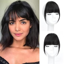 Bangs Hair Clip in Bangs 100% Real Human Hair Extensions French Bangs Clip on Hair Bangs for Women Fringe with Temples Hairpieces Curved Bangs for Daily Wear(French Bangs,Natural Black)