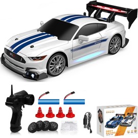 KAIMIO 1:24 Scale RC Drift Car 4WD 2.4GHz 30KM/H High Speed Racing Sport Toy Car with LED Lights, Racing and Drift Wheels (8602-White)