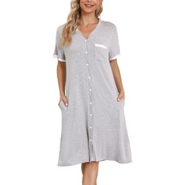 Vlazom Nighties for Women, Ladies Button Down Nightdress Classical Sleep Shirt Dress Relaxed Nightshirt Sleepwear Light Grey,M