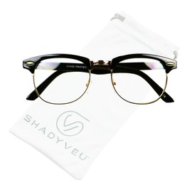 ShadyVEU Classic 80s Style Vintage Club Half Rimmed Frame Clear Lens UV400 Horn Accent Rimless Men Women Eye Glasses
