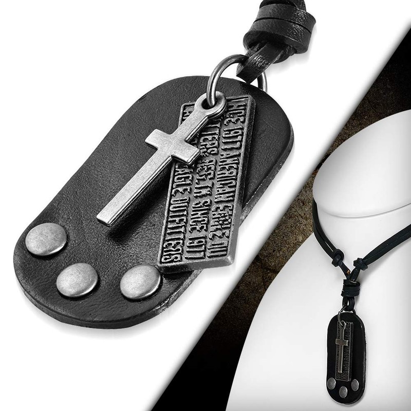 Bungsa Mens Leather Biker Necklace with Brass Pendant, Leather