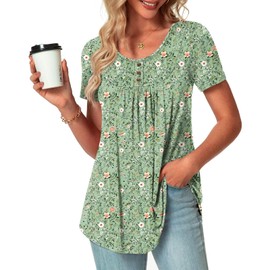 POPYOUNG Summer Womens Tunic Tops Loose Fit dressy Casual Short Sleeve Shirts to wear with Leggings XL, Floral Mix Green