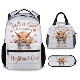 Highland Cow Backpack with Lunch Box, Set of 3 School Backpacks Matching Combo, Cute White Bookbag and Pencil Case Bundle