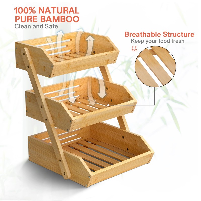 G.a HOMEFAVOR Bamboo Fruit Basket, Fruit Organizer for Kitchen Counter,
