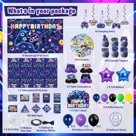 Mpanwen Video Game Birthday Party Decorations, 125 Pcs Game Theme Party Supplies for Baby Boys - Backdrop, Cupcake Toppers, Palm Leaves, Tablecloth, Paper Honeycomb, Fans Pompoms