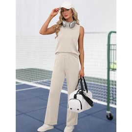 XIEERDUO Lounge Sets for Women Two Piece Summer Fashion Beach Vacation Clothes Mock Neck Matching Sets Women Clothing Travel Airport Outfits Beige M