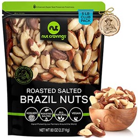 Brazil Nuts Roasted & Salted - No Shell, Whole (80oz - 5 LB) Packed Fresh in Resealable Bag - Healthy Snack, Protein Food, All Natural, Keto Friendly, Vegan, Kosher