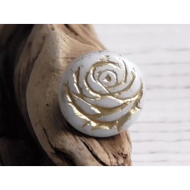 Czech 4 - 18mm CZECH OPAQUE BONE WHITE GOLD WASH CABBAGE ROSE FLOWER COIN DISC BEADS