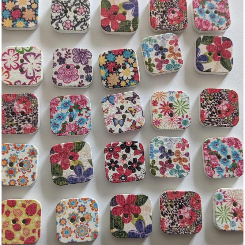 Assorted Floral Wooden Square Buttons, Pack of 25, 19mm