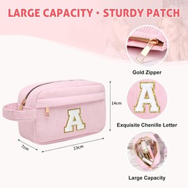 Initial Makeup Bag, Corduroy Cosmetic Bag, Travel Toiletry Bag with Metal Zip, Portable Makeup Bag for Women, Organiser, Christmas Birthday Gifts for Women, Girls, Pink, I