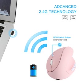 Vertical Mouse, Ergonomic Wireless Vertical Mouse Comfortable 2.4G Optical Rechargeable Mice 3 Adjustable DPI 800/1200/1600 6 Buttons Mice for Laptop PC Computer Desktop Notebook Mac (Pink)