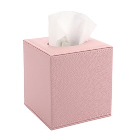 BTSKY PU Leather Cube Tissue Holder Box - Household/Office Square Tissue Box Cover, Textured Tissue Paper Box Case Napkin Holder, Pink