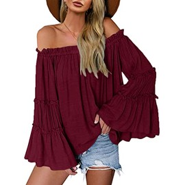 Womens Off The Shoulder Long Bell Sleeve Tops Flared Casual Loose Blouse (Dark Red, Large)