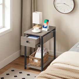 HOOBRO End Table with Charging Station, Narrow Side Table, Small Nightstand, Bedside Tables with Drawer and Storage Shelves, for Small Spaces, Living Room, Bedroom, Greige and Black BG041BZ01G1