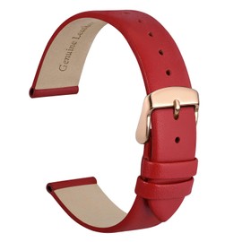 WOCCI 14mm Lug Width, Elegant Watch Band, Genuine Leather Replacement Strap with Rose Gold Buckle (Red)