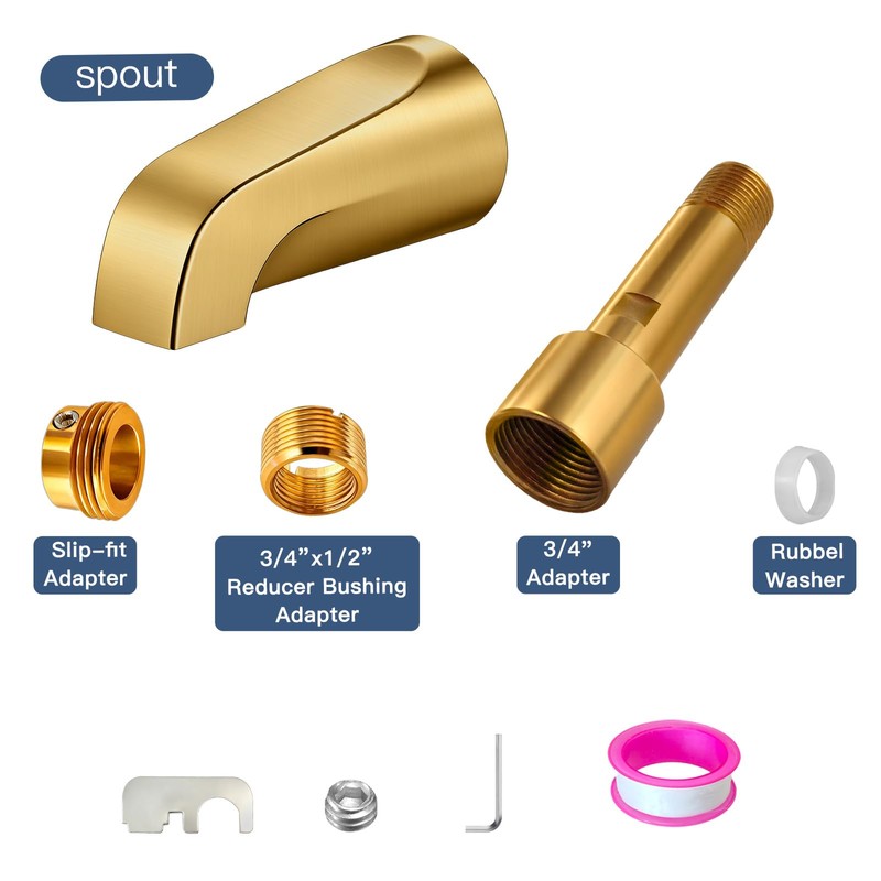 Brushed Gold Tub Spout Without Diverter, Shower Faucet,Brass Adapter,5.3"