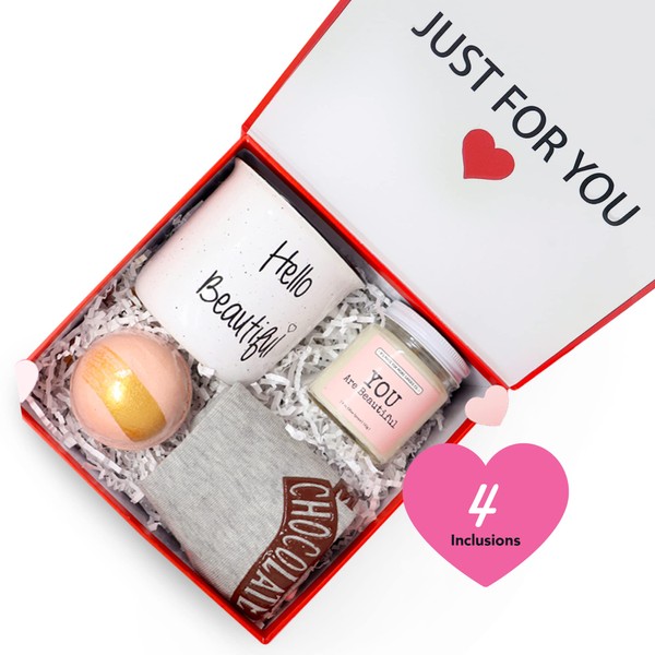 Milky Chic Hello Beautiful Pampering Mothers Day Care Gift Box, Self Care Gift Box for Women, Mother's Day Gift Box for Women with Coffee Mug, Socks, Milk & Honey Bath Bomb, & Soy Candle Gift Set