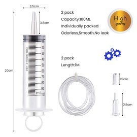 2 Pack 100ml Large Syringe Sterile Individually Wrap, Plastic Syringes with 2pcs 100cm Tube for Science Labs, Feeding Pets, Measuring Liquids, Oil or Glue Applicator(2x100ml)