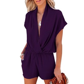 LYANER Women's Summer V Neck Wrap Ruched Front with Pockets Short Sleeve Romper Jumpsuit Dark Purple Small