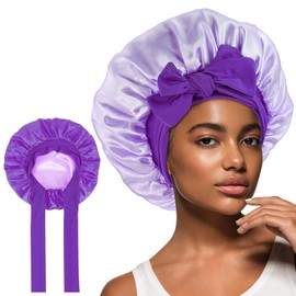 Abeillo Satin Sleep Bonnets for Women, Reversible Silk Bonnet for Sleeping Double Layer Satin Night Sleep Cap Hair Bonnet with Tie Band for Curly Hair Braid (Purple/Light Purple)