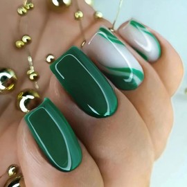 ANDGING Green Press on Nails Square Short White Fake Nails with Curved Swirl Design Gel Glue on Nails for Women Girls Acrylic False Nails with Glue Stick on Nails for Wedding Birthday 24Pcs HJR998