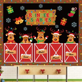 Christmas Bulletin Board Classroom Decorations Set, Xmas Reindeer Stable Paper Cutouts, Winter Happy Holiday Elk Bulletin Board Decorations for School Classroom Home Door Wall Party Supplies