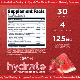 Perk Hydrate Strawberry Watermelon Flavored Electrolyte Drink Mix Powder (30 Servings) - Coconut Water, CDP-Choline, L-Theanine, Gluten-Free