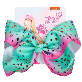 Jojo Siwa Bow, Rhinestone Large Jumbo 8 Inch Bow Hair Gift for Girls, Jojo Siwa Style Bow Fashion Hair Accessories (Aqua/Pink/Rhinestone)