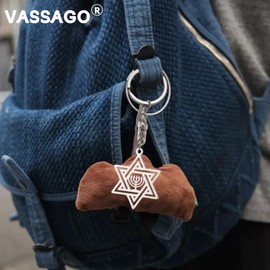VASSAGO Star of David Keychain for Women Men Jewish Star Menorah Keyring Stainless Steel Hanukkah Keychain Religious Jewelry (gold+silver)