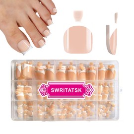 SWRITATSK Toe Nail Press Ons, French Tip Toe Press On Nails for Salon, 150pcs Square Pre-Designed Soft Gel Thick False Toenail Extension, French Nude Full Cover Acrylic for Home DIY 15 Sizes